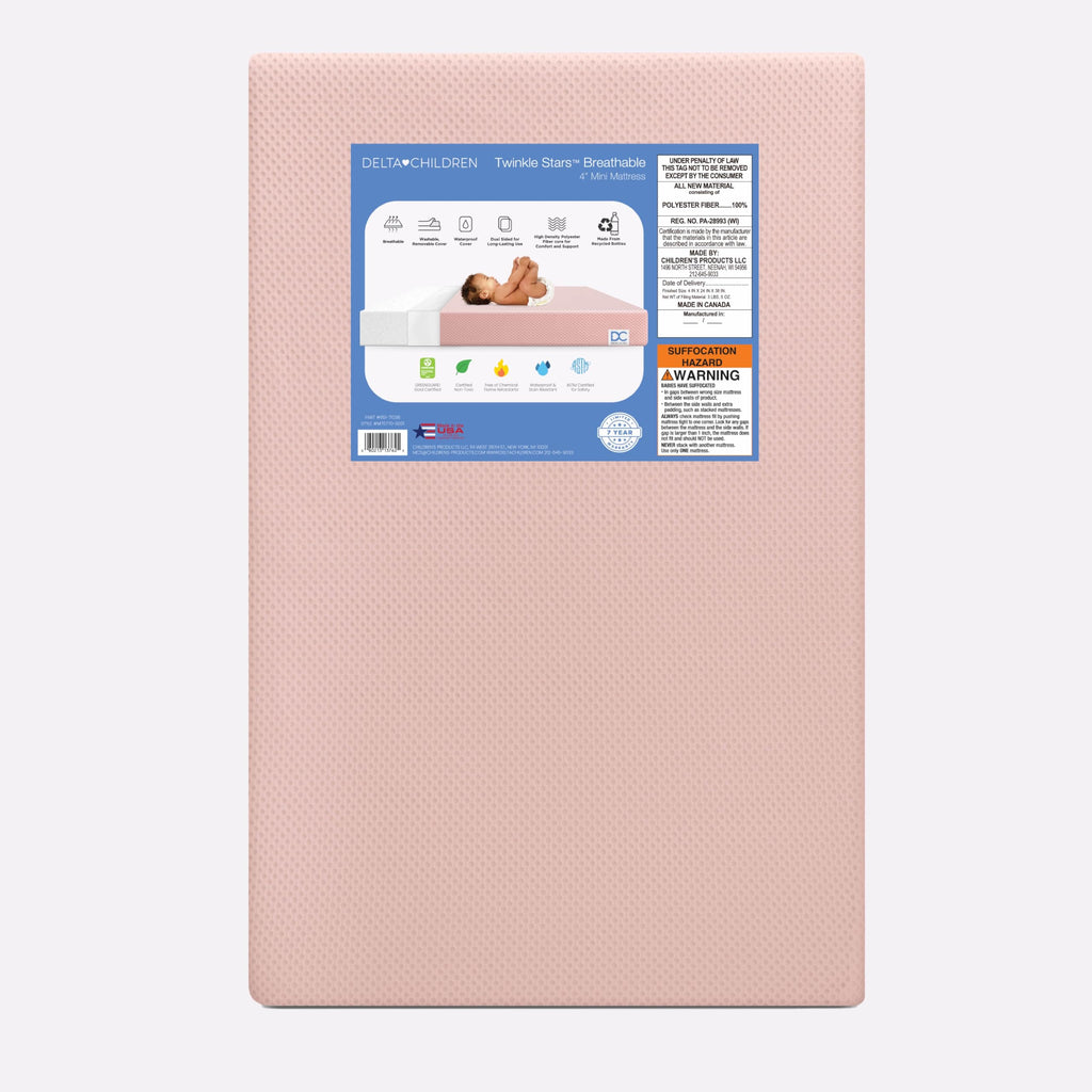 Delta Children Twinkle Stars Breathable 4-inch Mini Crib Mattress with Removable/Machine Washable Cover - GREENGUARD Gold – Waterproof - Sustainably Sourced Core Fiber Core, Pink