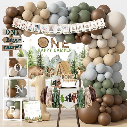 One Happy Camper Birthday Decorations, Camping 1st Birthday Party Supplies with Balloon Arch Balloon Box Backdrop High Chair Banner Crown Cake Topper Table Cloth