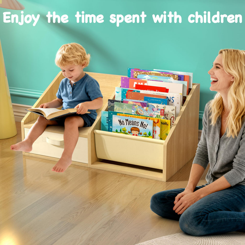 FKWin Kids Bookshelf with Seat - Forward-Facing Book Shelf for Kids Rooms, Nursery Bookcase with 5-Tier Montessori Shelf, Wooden