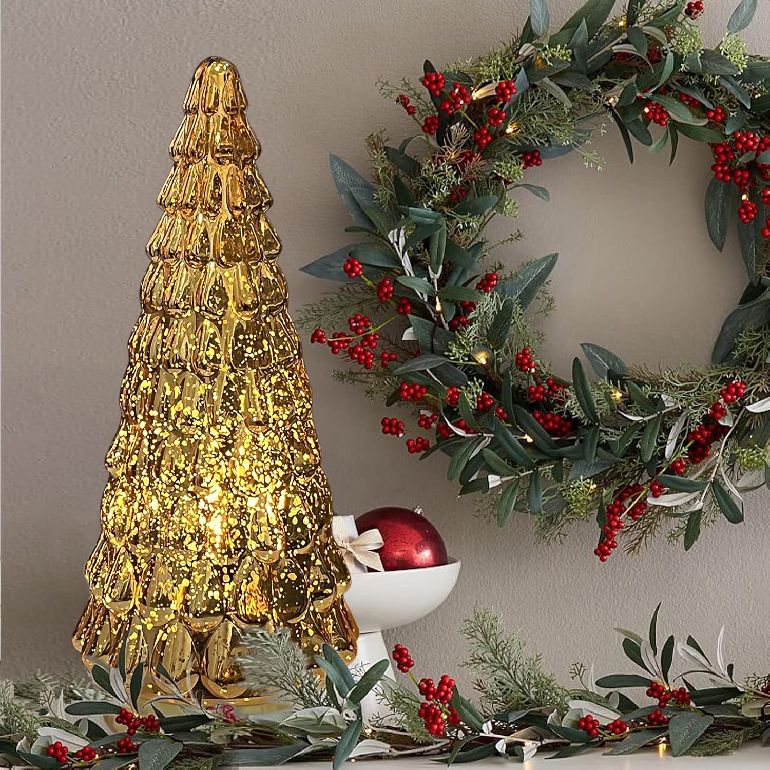 SHMILMH Gold Mercury Glass Christmas Tree - Set of 2 Battery Operated Tabletop Xmas Trees | 10" Decor