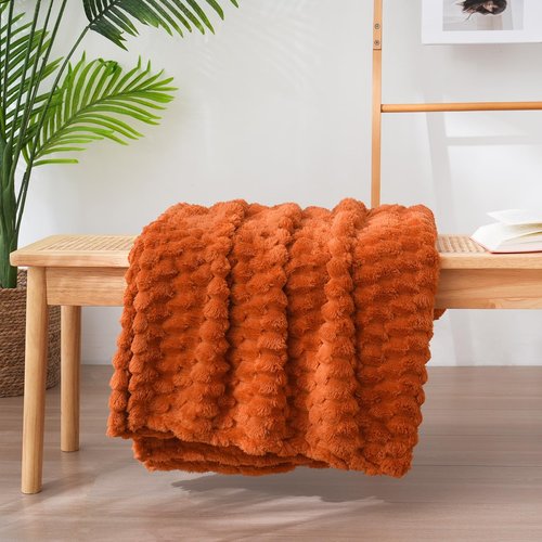 Vessia Flannel Fleece Throw Blanket, 3D Jacquard Burnt Orange Fuzzy and Warm Blanket for Couch, Sofa, Bed, 300GSM Super Soft Touch Cozy Home Decor for All Seasons (50x40 inches)