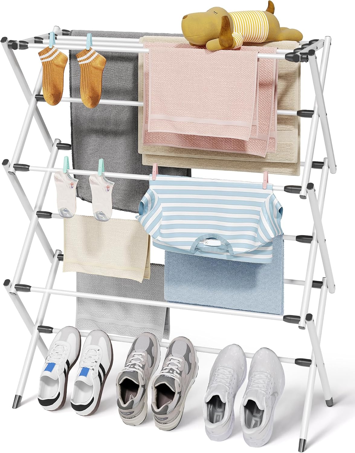 Sakugi Foldable Clothes Drying Rack - Space-Saving 3-Tier Metal Laundry Rack for Indoor & Outdoor Use | 11.4"D x 29.1"W x 37.4"H, White & Black