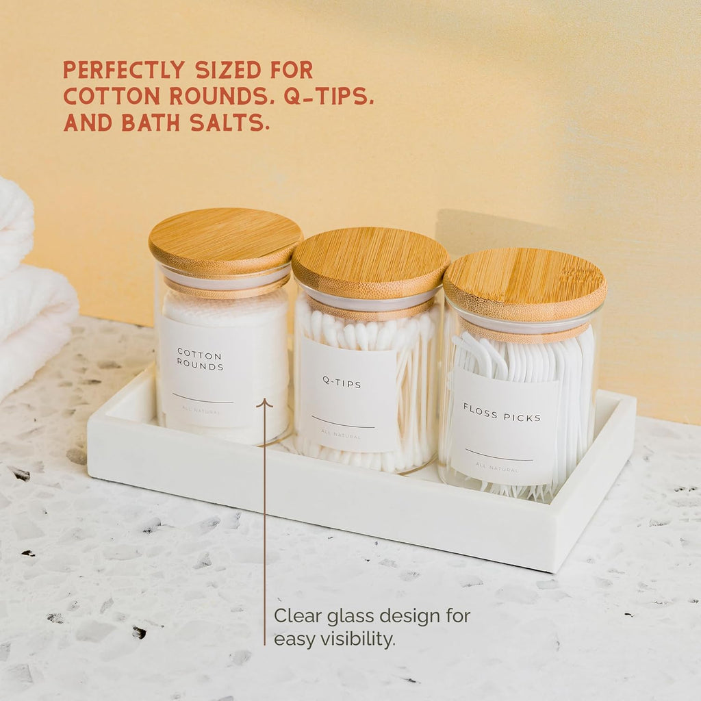 Vase and Vessel Mini Glass Apothecary Jars - Bamboo Lids for Bathroom & Kitchen Storage | 10 oz, Set of 3