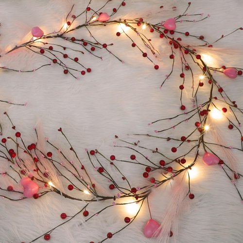 DR.DUDU Valentines Garland, 6 FT Lighted Garlands for Mantle with Heart Lights Pink Feather Red Berry, Pre-lit Valentine Decorations for Fireplace Indoor Outdoor Home Table Party Wedding