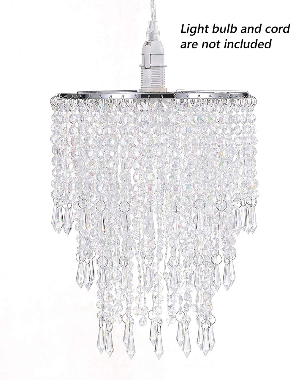 Waneway 3 Tiers Ceiling Chandelier Pendant Light Shade with Acrylic Jewel Droplets, Beaded Lampshade with Chrome Frame and Clear Beads, Diameter 8.7 inches, Clear