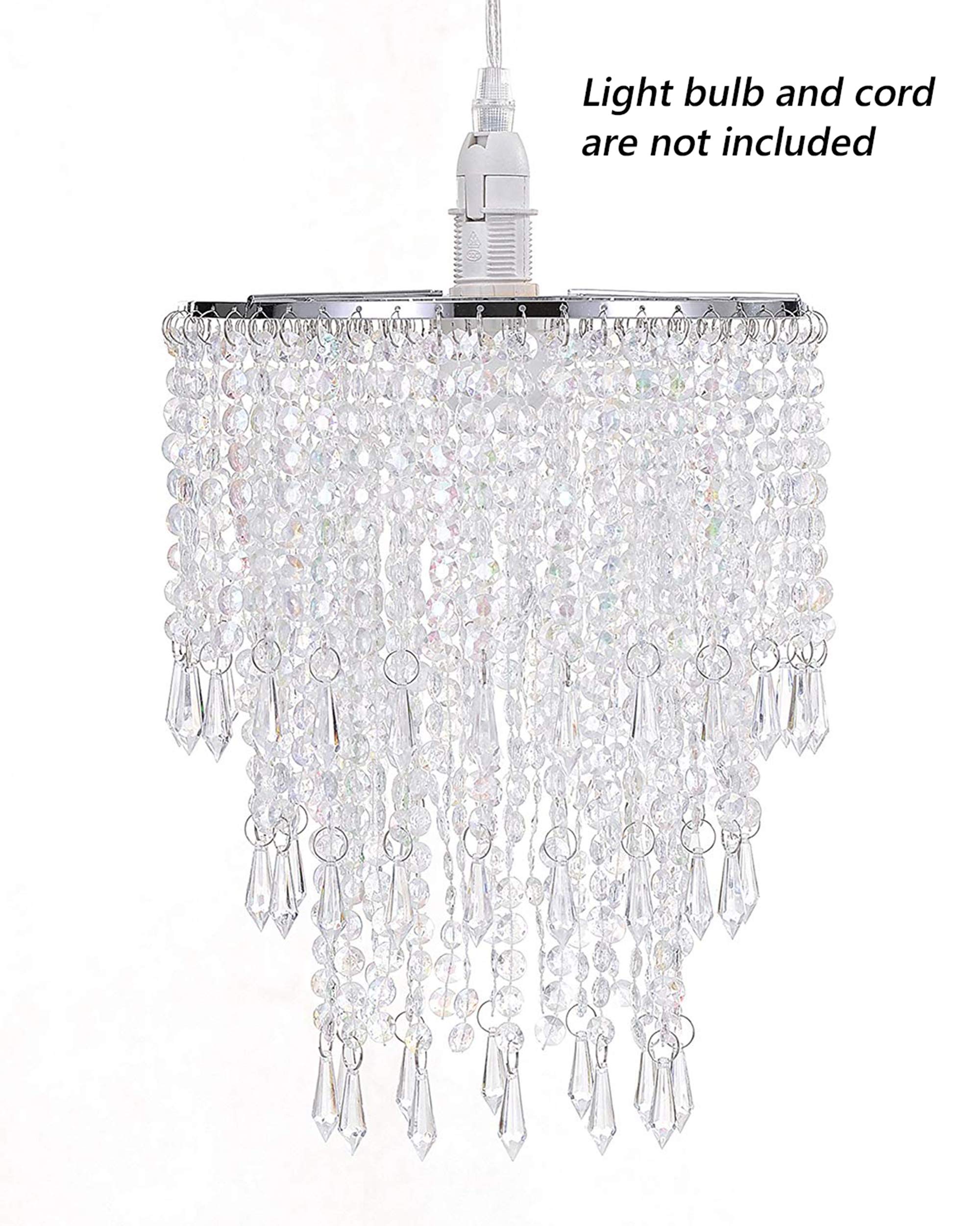 Waneway 3 Tiers Ceiling Chandelier Pendant Light Shade with Acrylic Jewel Droplets, Beaded Lampshade with Chrome Frame and Clear Beads, Diameter 8.7 inches, Clear