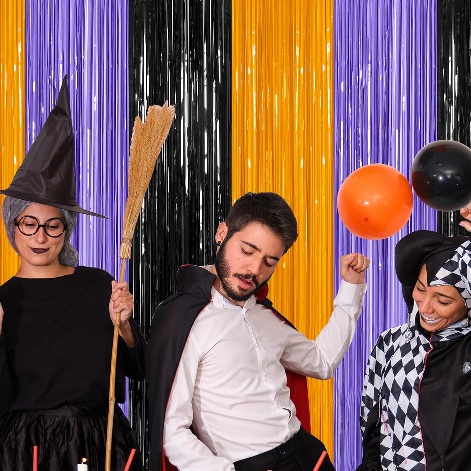 Regine Switzerland 2 Pack Halloween Backdrop - 3.28 FT x 7.05 FT Foil Fringe Curtains | Orange, Purple & Black Party Decor