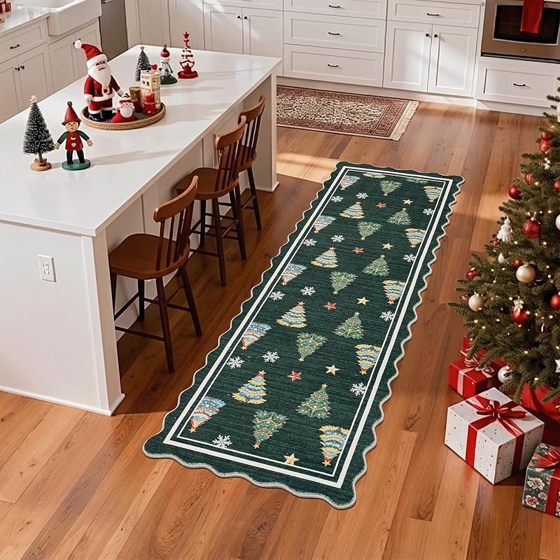 Ortiga Scalloped Christmas Runner Rug 2' x 6' Forest Green - Machine Washable