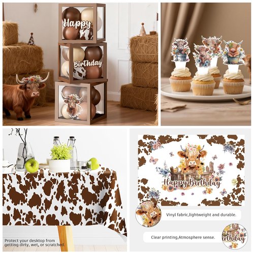 cocomigo 300 PCS Highland Cow Birthday Decorations, All-in-One Party Pack with Backdrop, Balloon, Plates and Napkins, for Highland Cow Themed Birthday Party, Serves 25 Guests