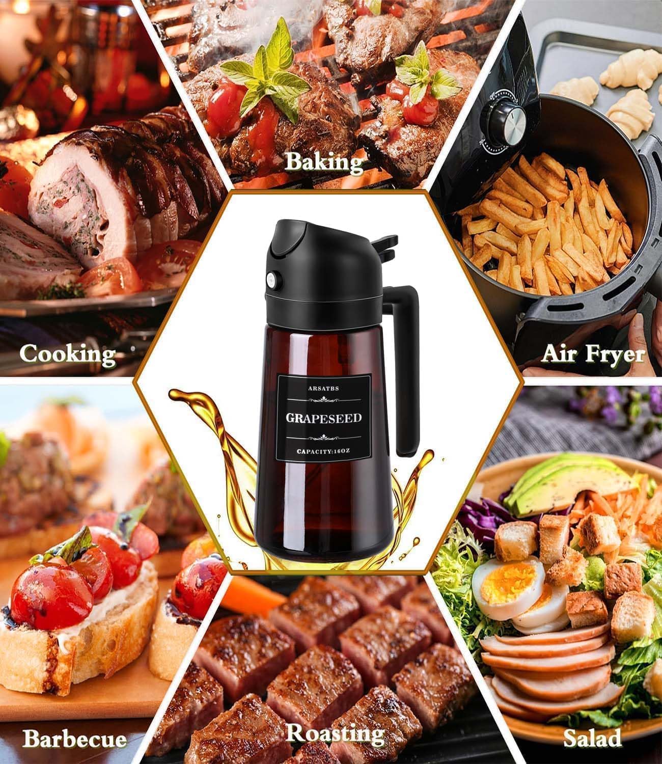 Olive Oil Sprayer 16oz - Premium Dark Brown Glass Dispenser for Cooking & Air Fryer | 2-in-1 Spray & Pour
