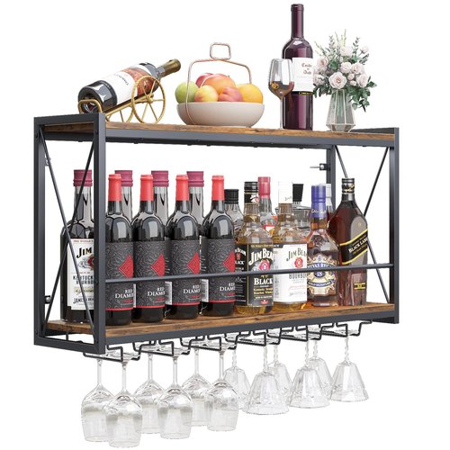Dokser Wine Rack Wall Mounted Shelf - 2 Tier, Rustic Wood & Industrial Iron Frame Wine Bottle Holder for Kitchen, Dining Room, Home Bar Decor (Brown)