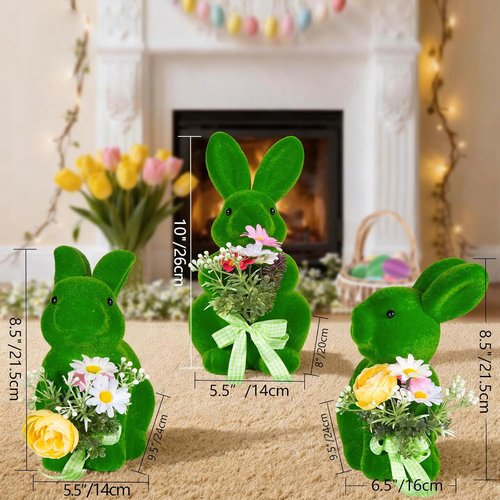 BrilliantJo Moss Bunny Figurines - Cute Spring Decor Gift Set of 3 (10") for Home & Garden