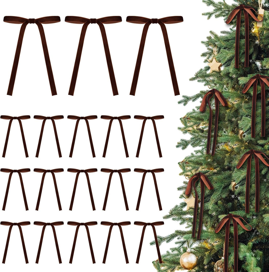 Skiennix 24 Pcs Velvet Bows - Vintage Ribbon Bows for Christmas Tree & Crafts | 5 x 7 Inch, Reddish Brown