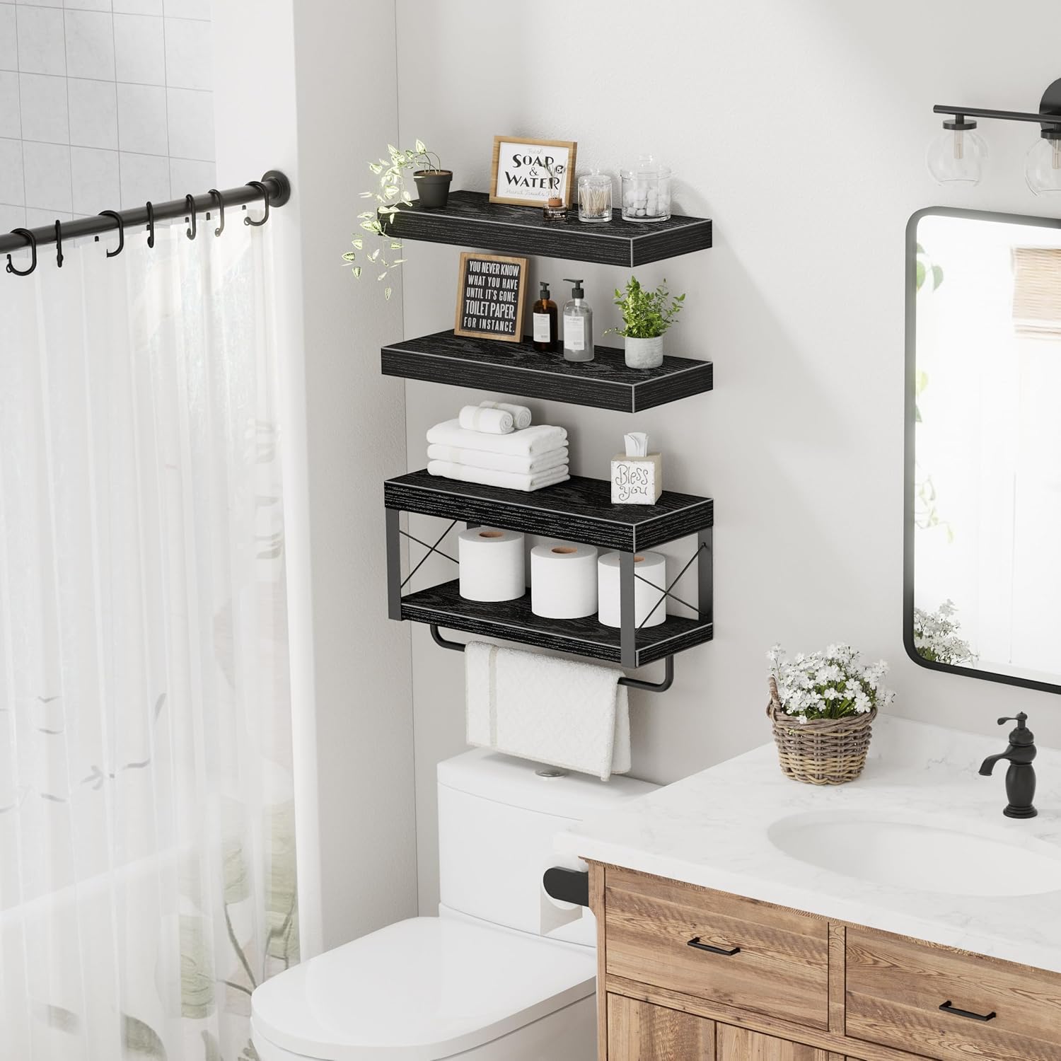 QEEIG Bathroom Shelves - Over Toilet Floating Shelf for Toilet Paper Storage | Set of 3, Black, 16 Inch