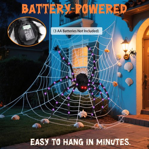 BUFANYU Halloween Decorations Giant Spider - Large Light Up Spider 78IN 44 Purple Lights & 2 Red Eyes, Bendable Metal Legs, 8 Light Modes - Halloween Decor for Outdoor Yard Party Haunted House