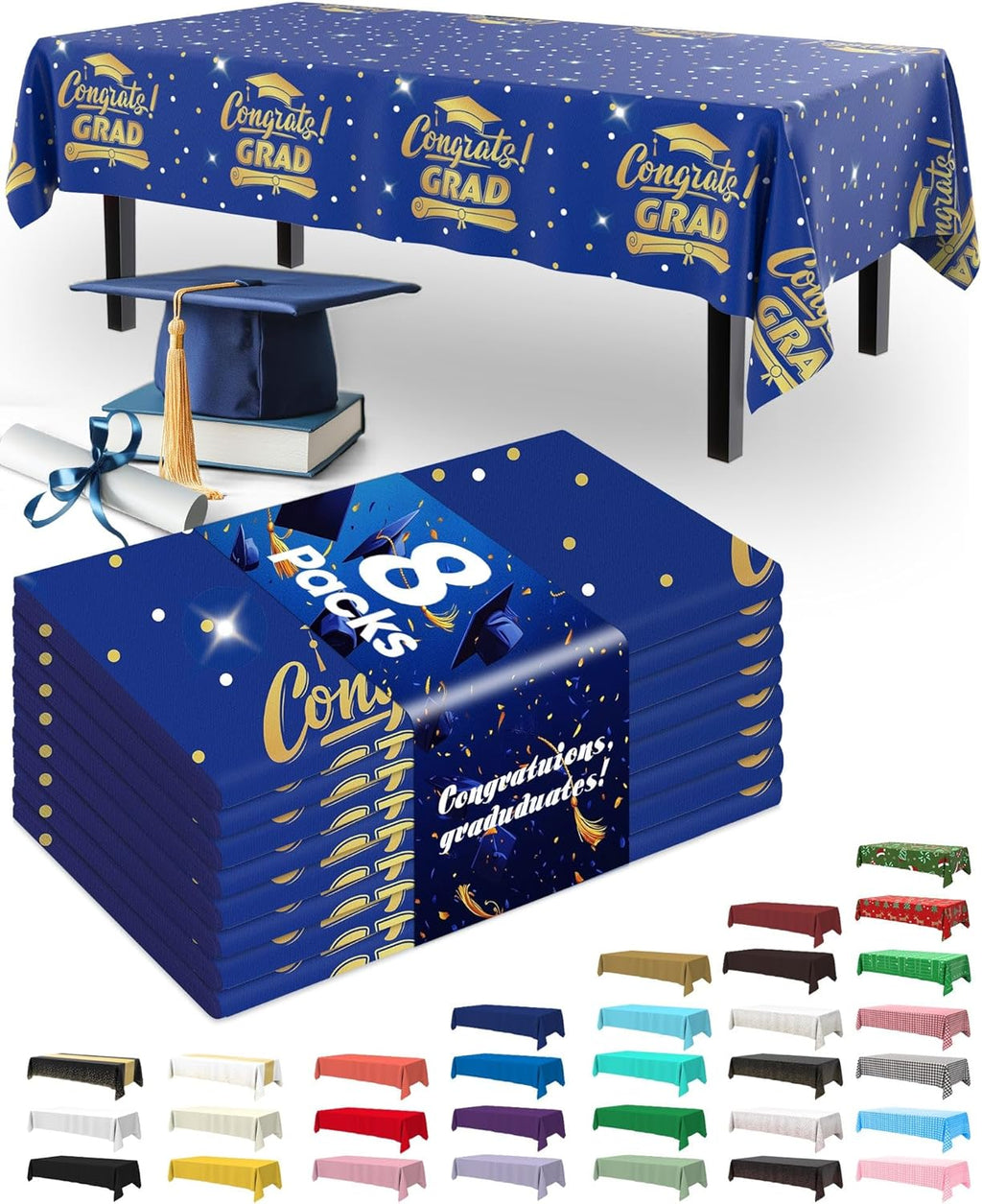 Pureegg Graduation Decorations - Disposable Plastic Tablecloths | 8 Pack, 54 x 108 Inch, Leakproof Blue Cover for Class of 2026 Party