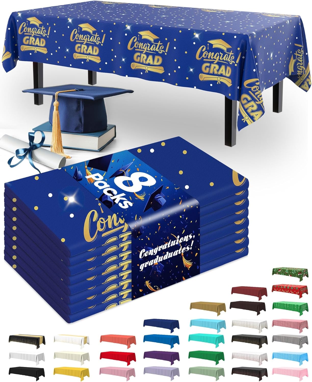 Pureegg Graduation Decorations - Disposable Plastic Tablecloths | 8 Pack, 54 x 108 Inch, Leakproof Blue Cover for Class of 2026 Party