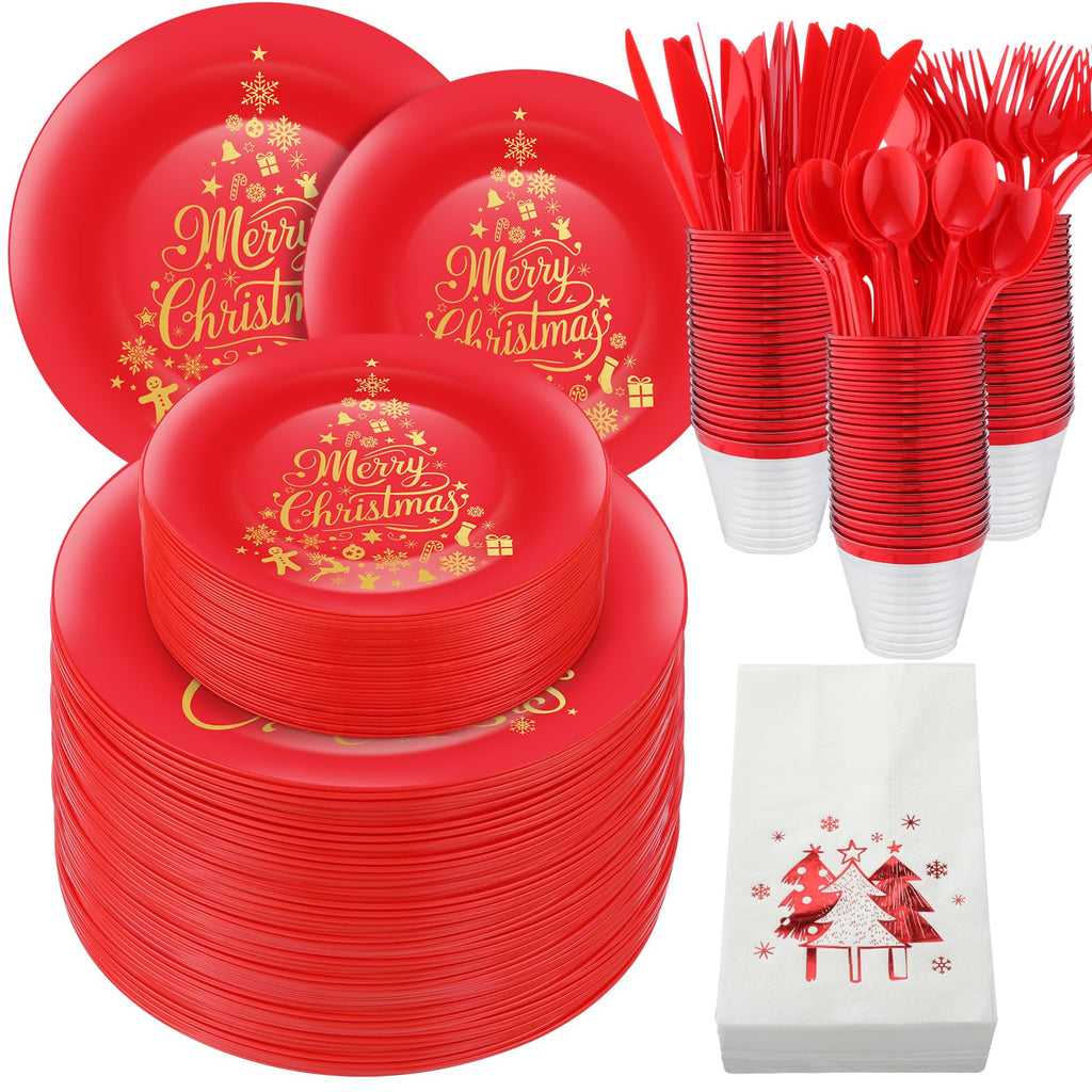 Shellwei 280 Pcs Plastic Dinnerware Set, Disposable Plates Includes 40 Dinner Plates 40 Cups 40 Dessert Plate 40 Papers Napkins 40 Forks Knives Spoons for Party (Christmas)