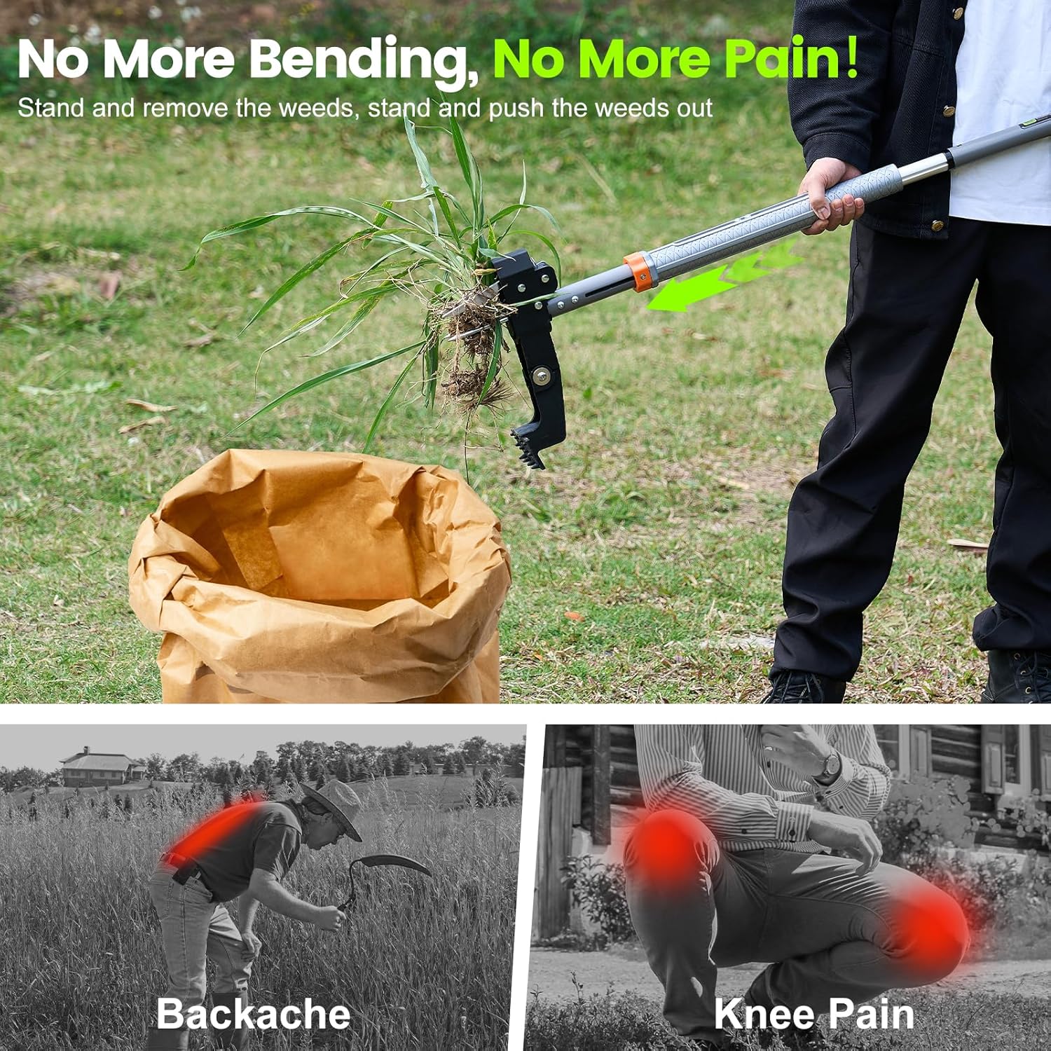 Stand Up Weed Puller Tool by [Brand Name] - 4-Claw Steel Head, 39"-46" Adjustable Handle for Effortless Weeding