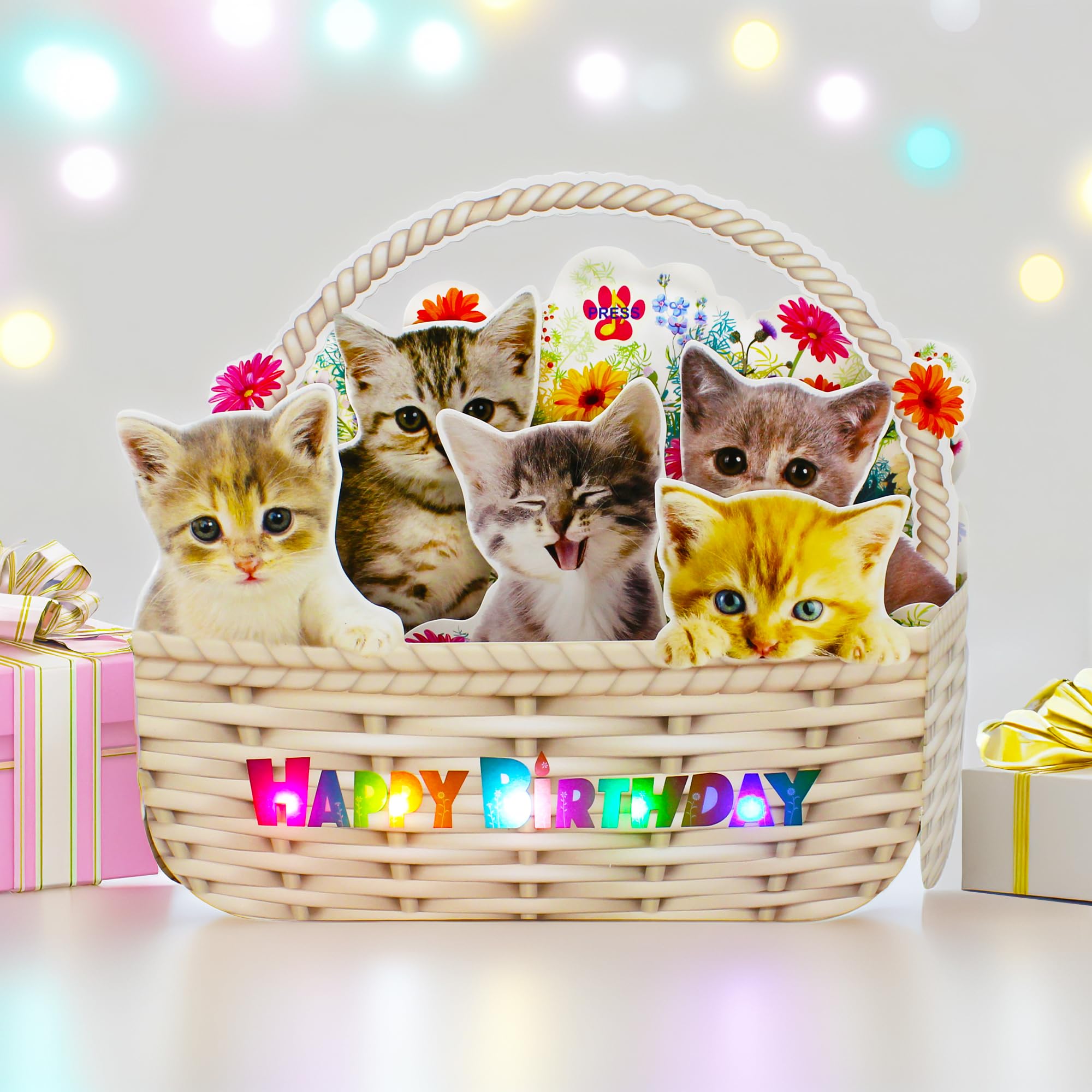 Miss Girlie Girl Musical Cat Birthday Pop-Up Card with LED Lights – 2 Happy Birthday Songs Meows & Violin – Cute Kittens in Flower Basket – Light Up 3D Greeting Card for Cat Lovers, Kids, Women, Friends