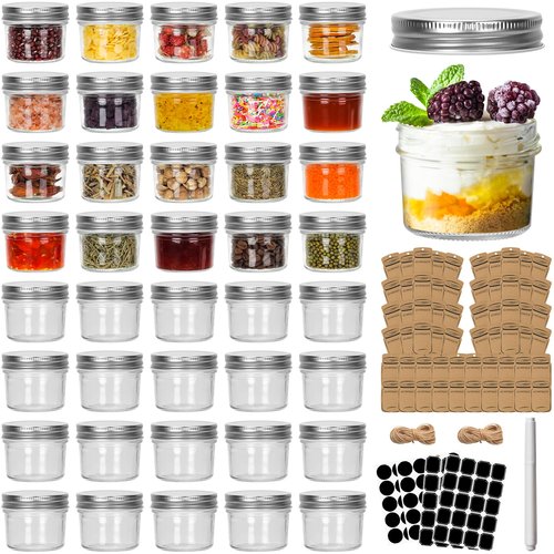 CycleMore 40 Pack 4oz Clear Mason Jars With One Piece Silver Lids, Mini Glass Canisters, Spice Bottles, Canning Jars for Honey, Jam, Jelly
