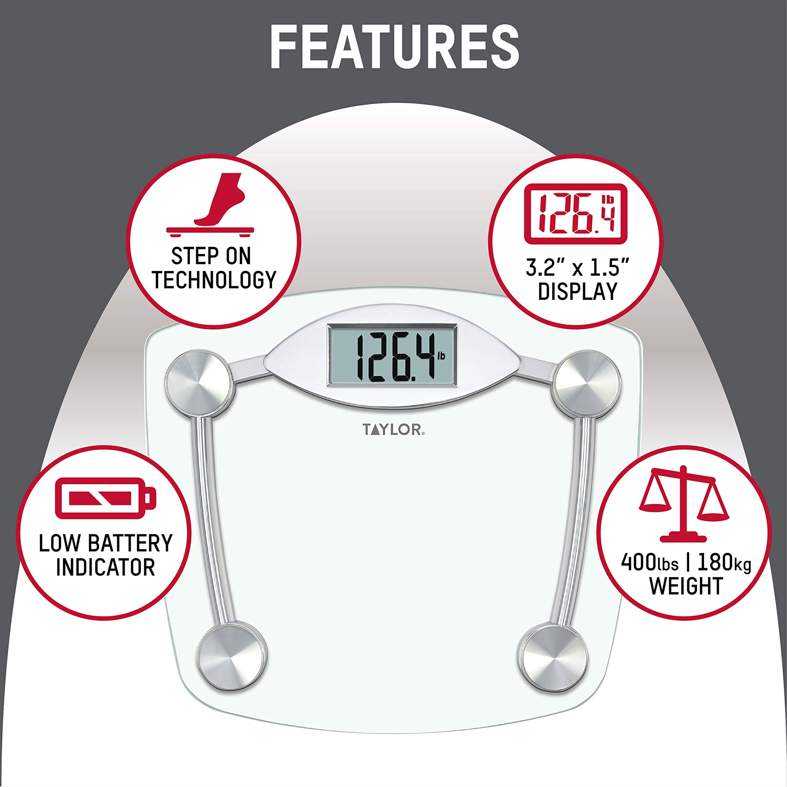 Taylor Digital Bathroom Scale, Body Weight Scale, Instant On and Off, 400 lb Capacity, Sturdy Clear Glass with Chrome-Finish Base