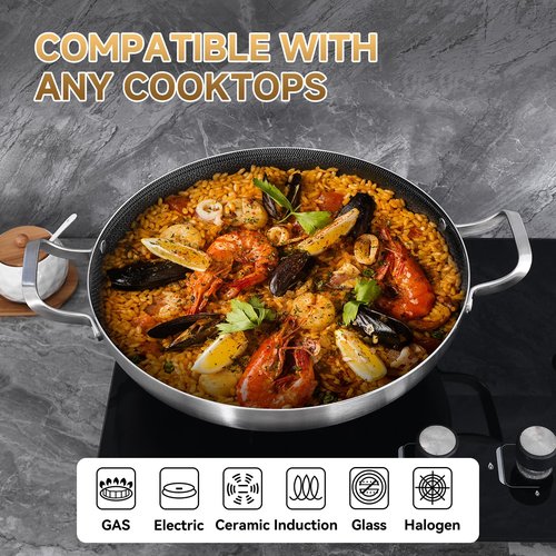 Inqibee 14-Inch Hybrid Tri-Ply Stainless Steel Paella Pan with Lid,Ceramic Non Stick Large Skillet,Induction Cooking Pan,Anti-Scratch,Dishwasher and Oven Safe