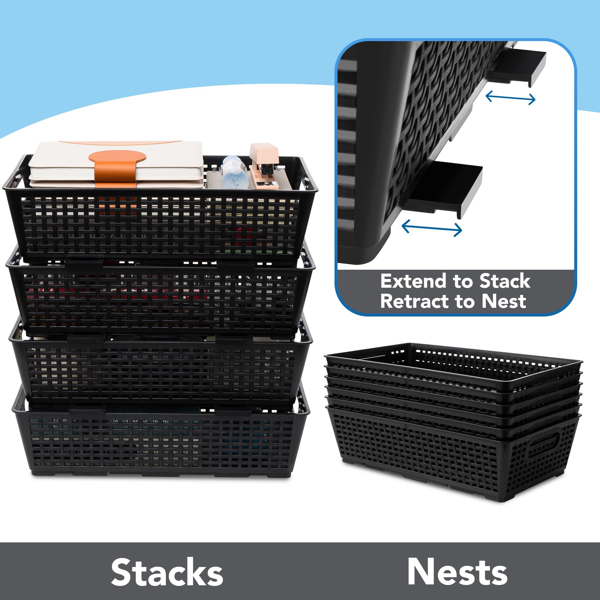 Tiawudi Stackable Woven Plastic Basket, Storage Bins for Cabinet, Closet, Shelf, Under Sink and Countertop, Pantry Organizer Bins, 6 Pack