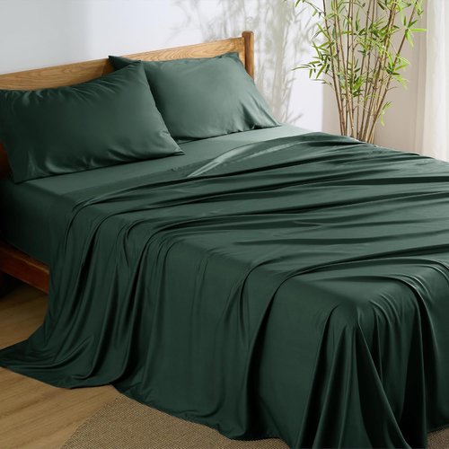 Bedsure King Size Cooling Sheets Set - Breathable Rayon from Bamboo, Soft & Luxurious, Deep Pocket, Forest Green