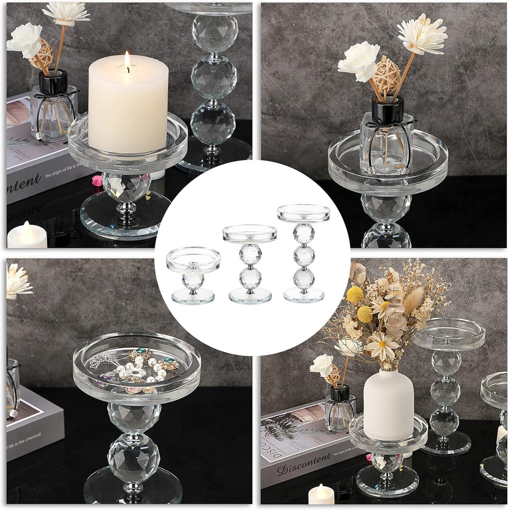 OwnMy Crystal Glass Pillar Candlestick Holders - Set of 3 Modern Tealight Votive Stands for Weddings & Home Decor