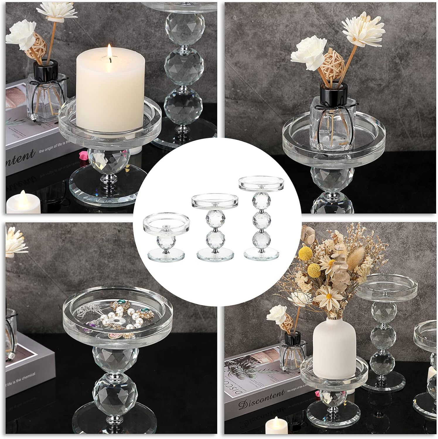OwnMy Crystal Glass Pillar Candlestick Holders - Set of 3 Modern Tealight Votive Stands for Weddings & Home Decor