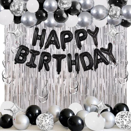 92 PCS Black and Silver Happy Birthday Decorations Balloons Fringe Curtains Vortex for Boys Men Girls Women 16th 18th 20th 21st 25th 30th 40th 50th 60th Birthday Party Decorations (Black Silver)