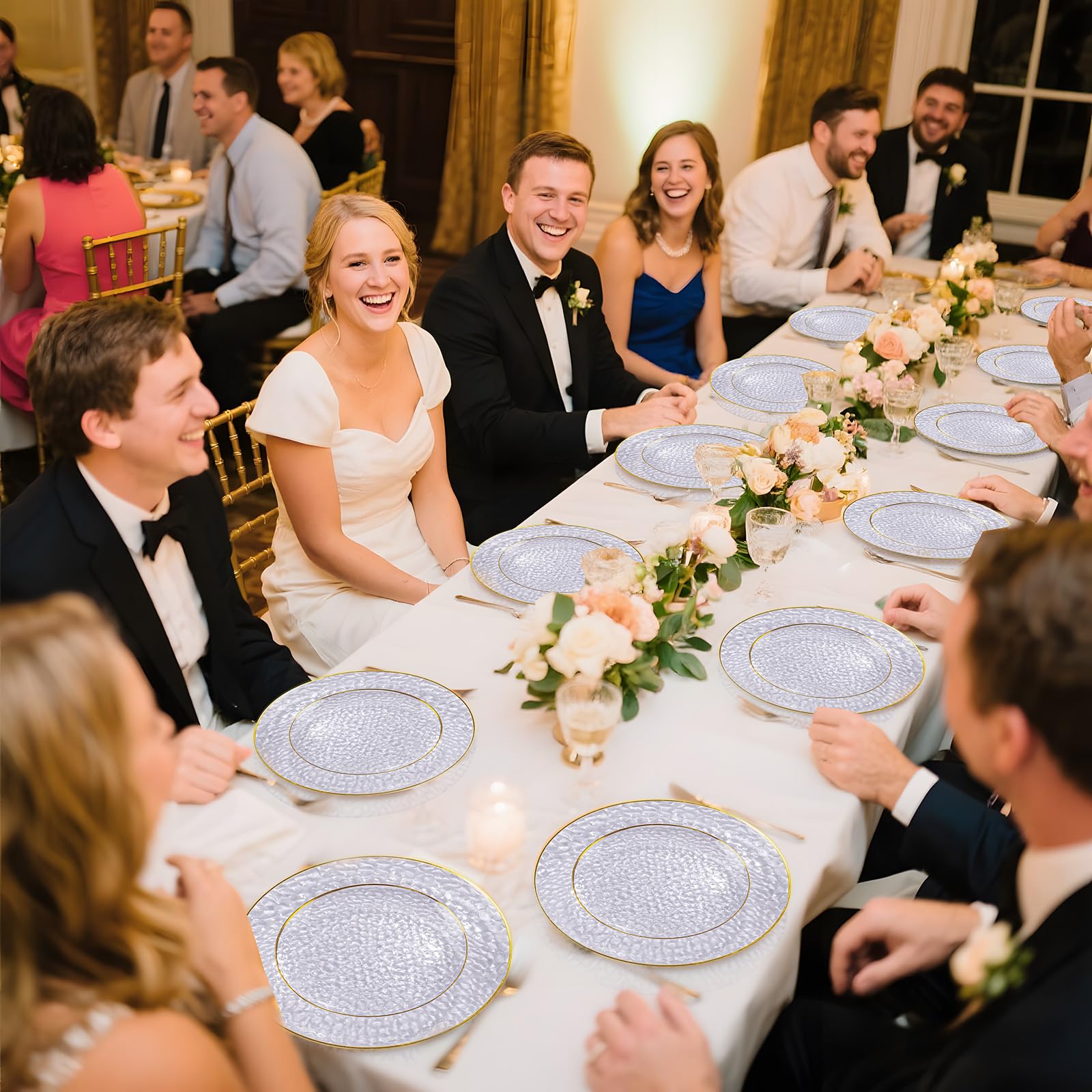 DaYammi 175PCS Clear Gold Plastic Dinnerware Set, Plastic Plates Disposable Hammered Disposable Plates for Party, Include: 25 Dinner Plates 25 Dessert Plates 75 Gold Silverware 25 Napkins 25 Cups