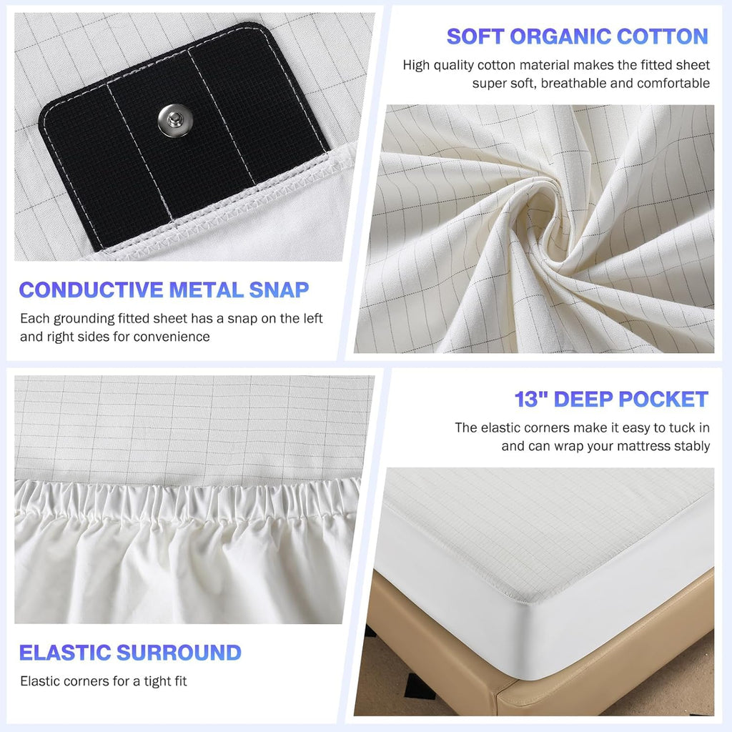 OneAmg Grounding Sheets Queen Size, Grounded Fitted Bed Sheet 10% Pure Silver Fiber + 90% Organic Cotton Bed Grounding Kit with grounding Cord for Improved Sleep & Wellness (White,80"x60"x15")