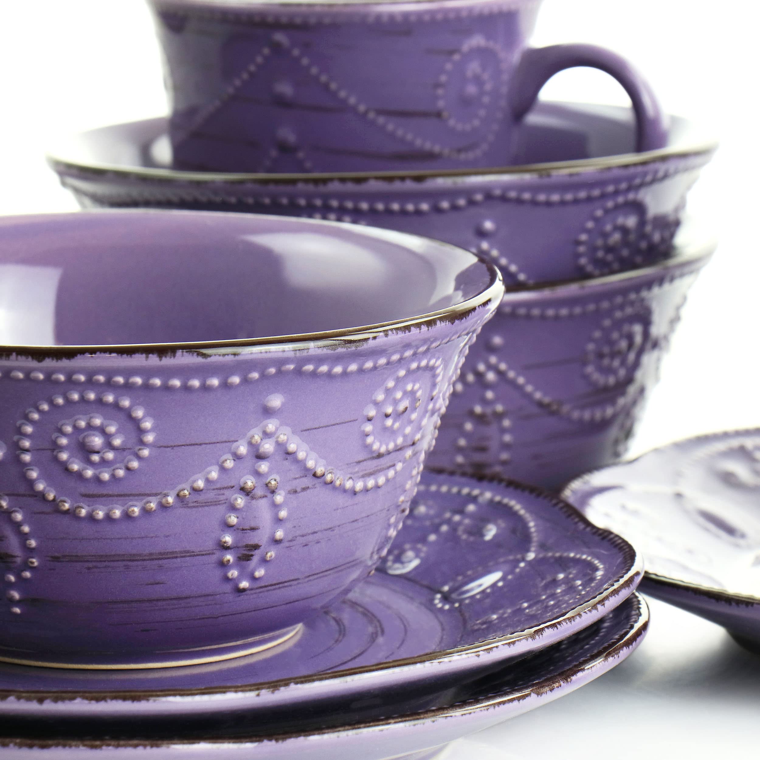 Elama Rustic Birch 16 Piece Stoneware Dinnerware Set in Purple, Purple with Brown Accents, (EL-RUSTICBIRCH)
