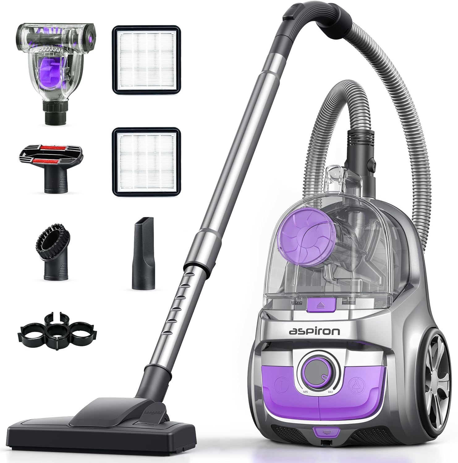 Aspiron Canister Vacuum Cleaner - 40Kpa Bagless Design with Double HEPA Filter & 4QT Dust Cup | Lightweight 1600W, Mauve
