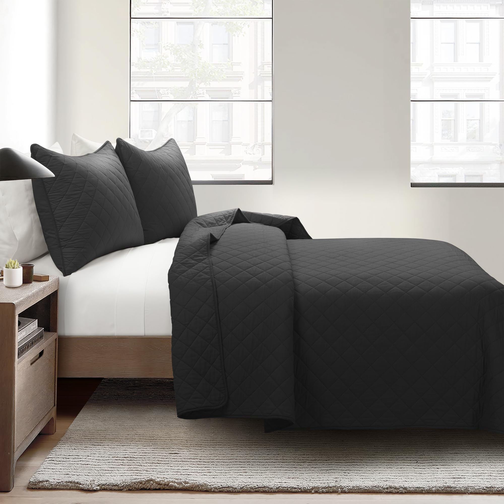 Lush Decor Ava Diamond Oversized Cotton Quilt Set, 3 Piece Set, Full/Queen, Black - Soft & Cozy Quilted Bedding Set - Queen Quilt - Black Bedspread - Traditional, Farmhouse & Minimalist Bedroom Decor