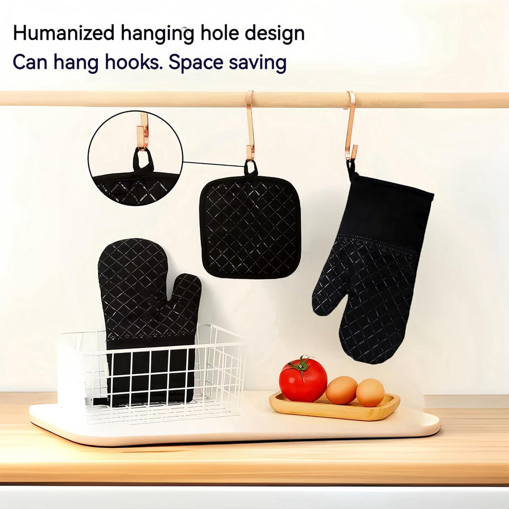 Skiennix Oven Mitts Set - 4-Piece Heat Resistant Kitchen Mitts & Pan Racks | Non-Slip Silicone, Black
