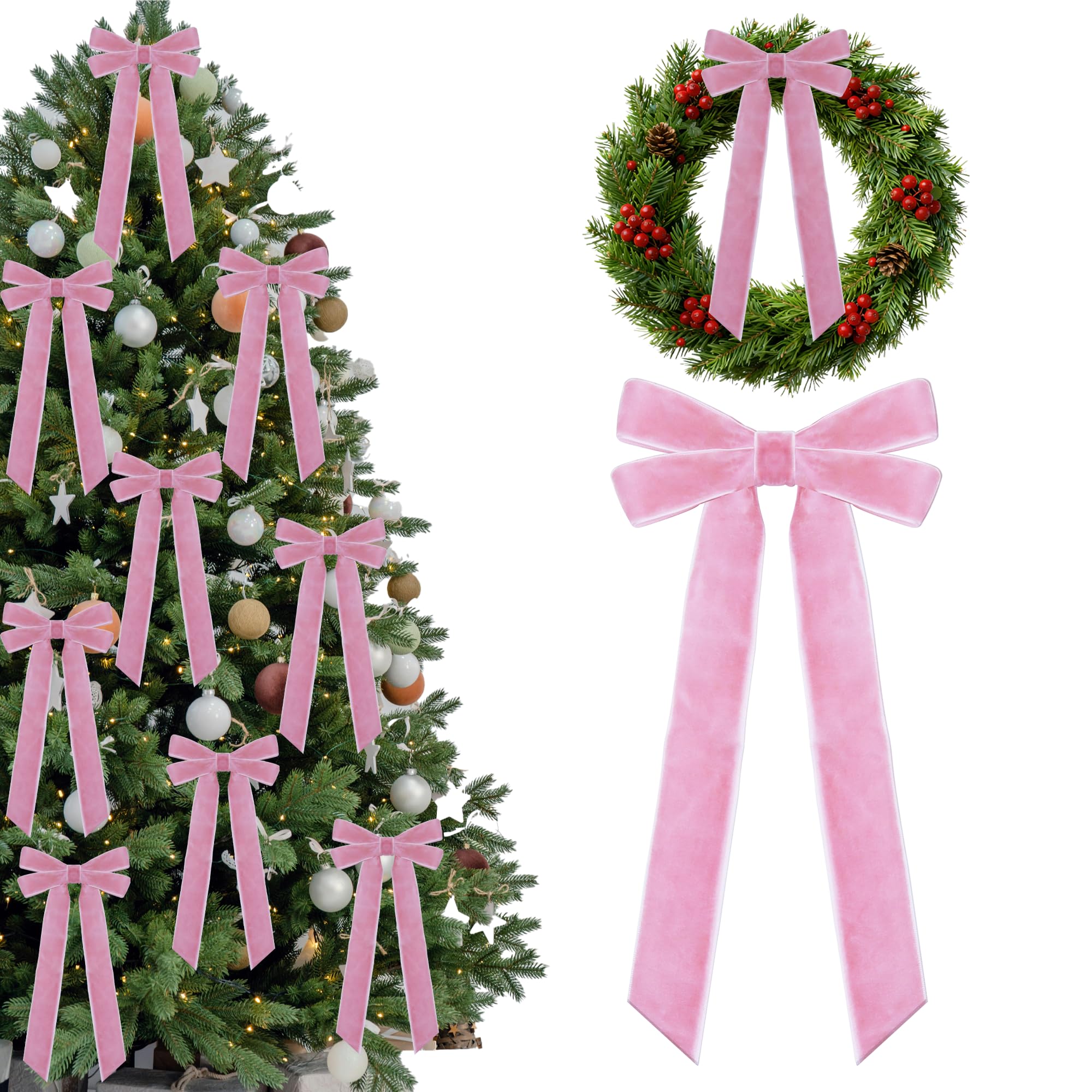TNTIWQ 15 Pcs Pink Velvet Ribbon Bows Valentines Day Decorations for Tree 5in x 10in x 1in Vintage Velvet Bows for Christmas Tree Coquette Room Wreath Garland Birthday Wedding Party Decor (Pink)