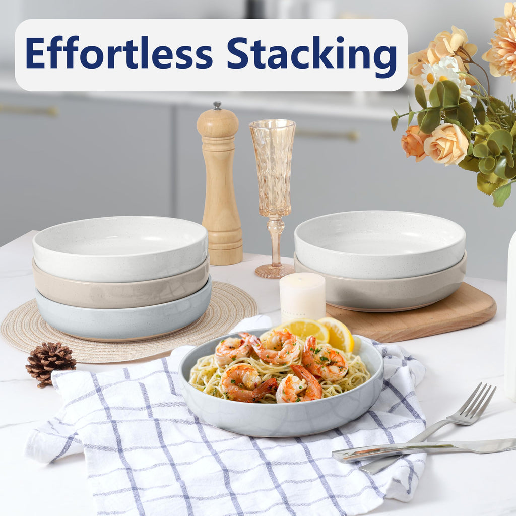 LIANYU 33oz Pasta Salad Bowls Set, Wide and Shallow Serving Bowls Set of 6, Deep Stoneware Plates for Serving Pasta, Noodle, Cereal, Non-Scratch, Three-color
