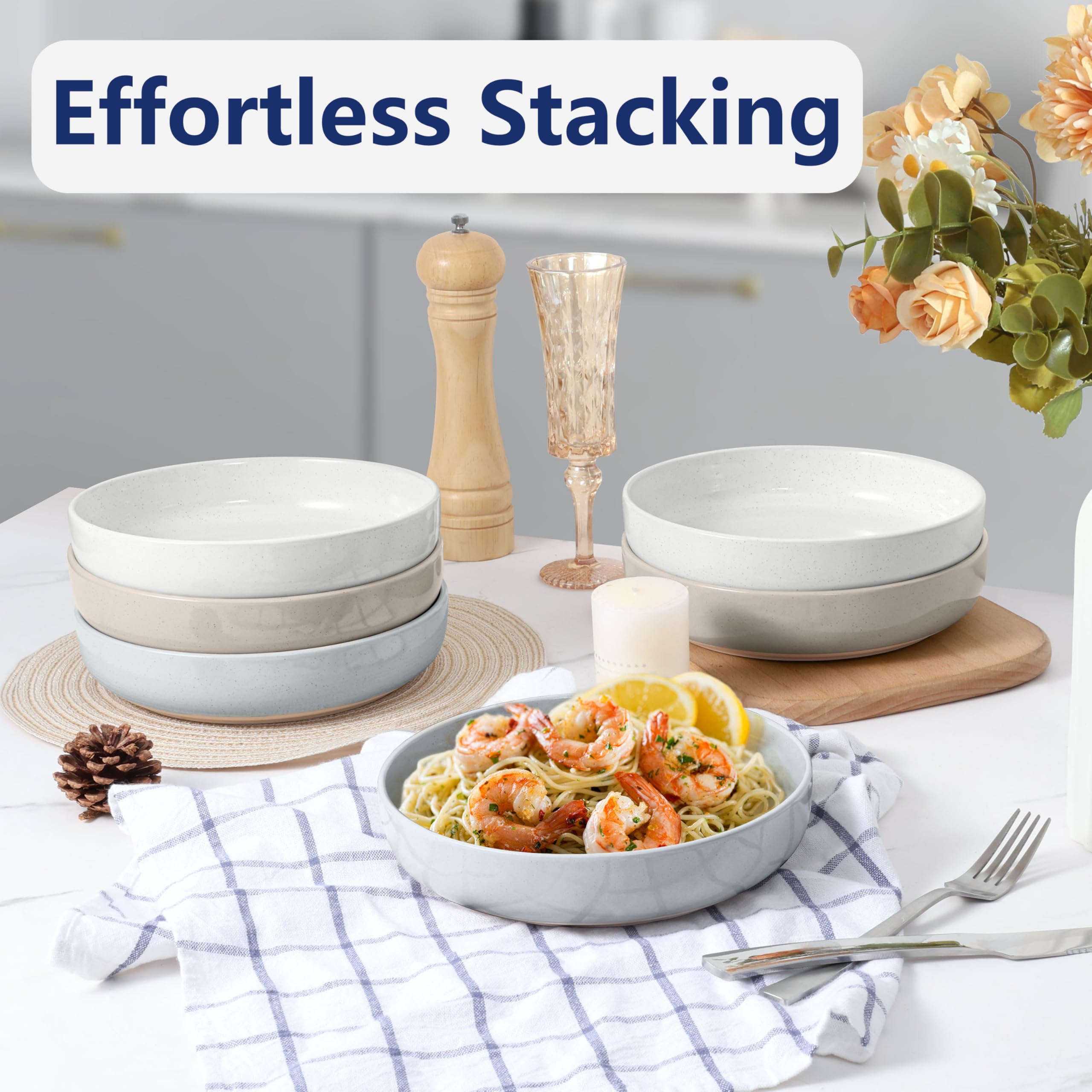 LIANYU 33oz Pasta Salad Bowls Set, Wide and Shallow Serving Bowls Set of 6, Deep Stoneware Plates for Serving Pasta, Noodle, Cereal, Non-Scratch, Three-color