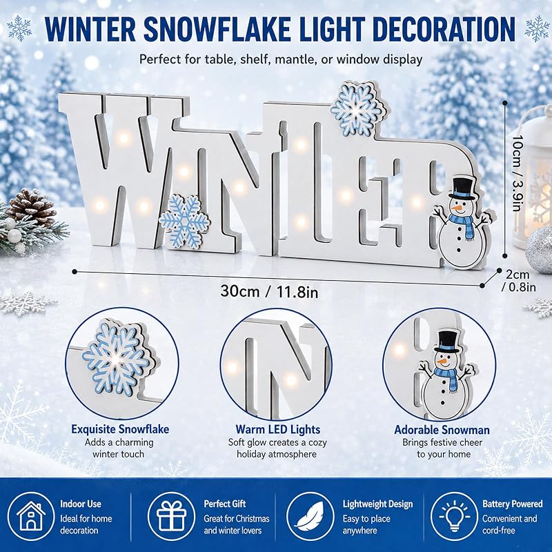 Wooden Winter Sign Lighted Tabletop Decor - White LED Centerpiece (White+Winter)