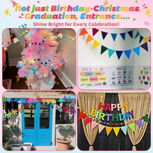 Happy Birthday Banner Set- Pre Strung Reusable Felt 3D Happy Birth Day Sign Banner, Pompom Garland, Bunting Flags and Bow Garland for Birthday Party Decorations for Women Men Boys Girls