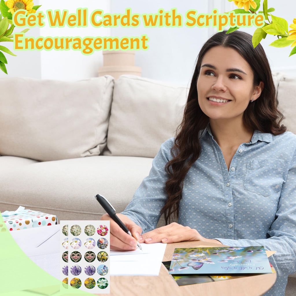 Motiskyy 24 Pack Christian Get Well Cards with Envelopes and Stickers Religious Get Well Greeting Cards Bulk with Scripture Encouragement Blessing 4.5 x 6.2 Inch (Nature Flower)