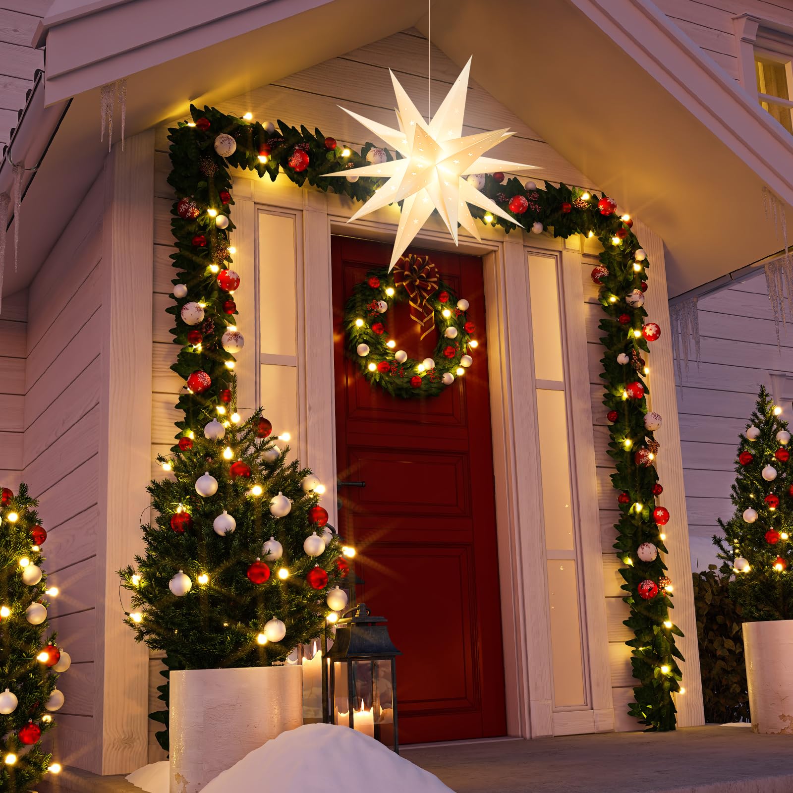 GALACOVE 23" Plug-in Moravian Star Outdoor Light with Timer, Warm White 3D PVC Christmas Star IP44 Waterproof Hanging Decoration for Porch, Garden, Wedding, Indoor Holiday Display
