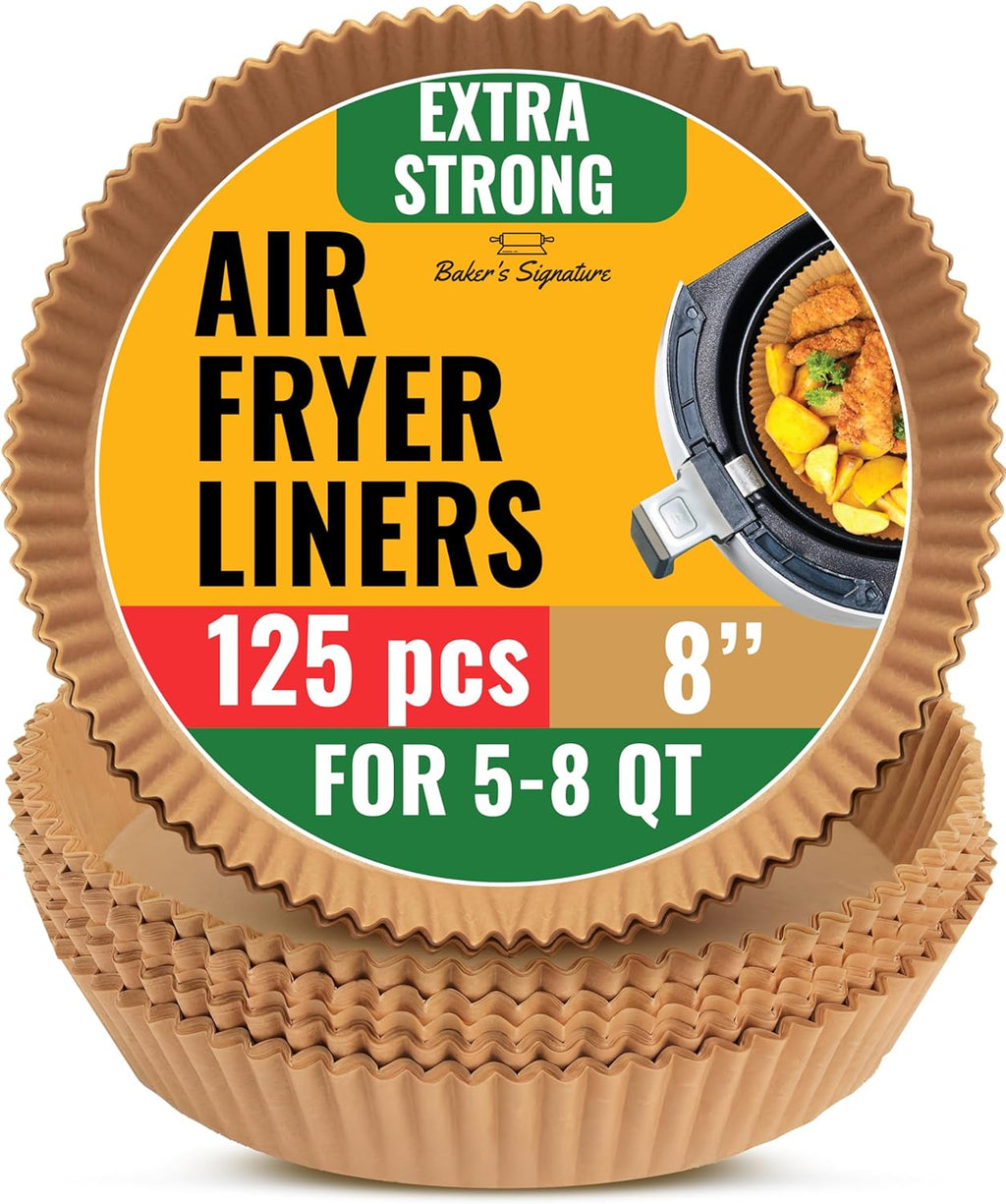Baker's Signature Air Fryer Liners - 125 Pcs Round Non-Stick Disposable Paper | 8 Inch for 5-8 Qt Baskets