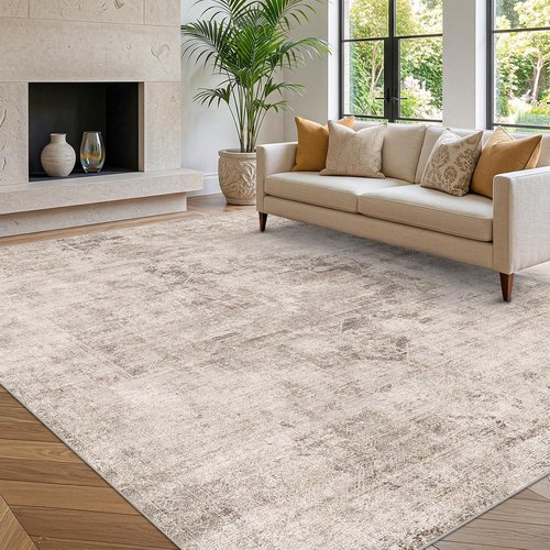 Hazo Haus Washable 5x7 Area Rug - Ultra Soft, Non-Slip, Stain Resistant in Neutral Beige & Peach