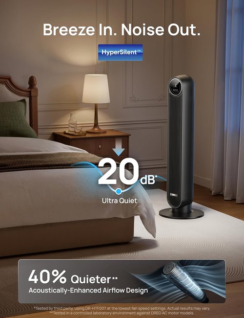 DREO Bladeless Tower Fan - Ultra Quiet 20dB with 8 Speeds & 90° Oscillation | High Velocity 28ft/s, Remote Control, Black
