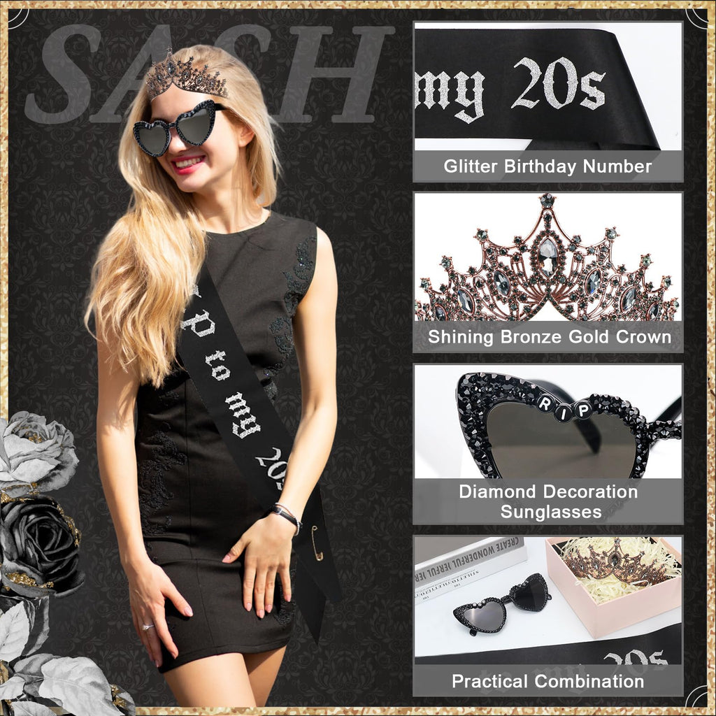 Rip To My 20s Sash And Crown with Sunglasses Set Black Birthday Sash Bronze Gold Crown Birthday Party Accessories for Women 30th Birthdays Glitter Party Favors (Sash&Crown&Sunglasses)