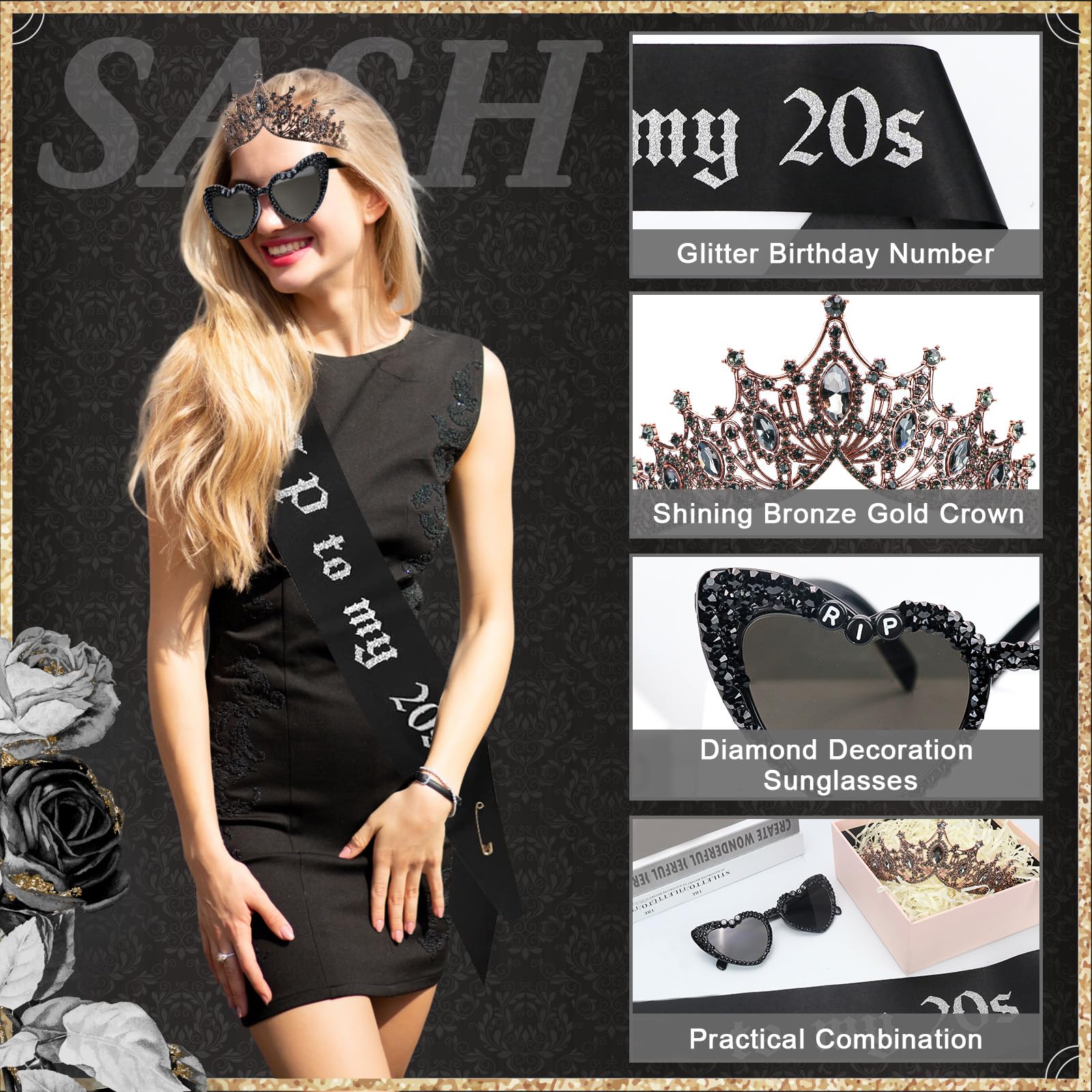 Rip To My 20s Sash And Crown with Sunglasses Set Black Birthday Sash Bronze Gold Crown Birthday Party Accessories for Women 30th Birthdays Glitter Party Favors (Sash&Crown&Sunglasses)